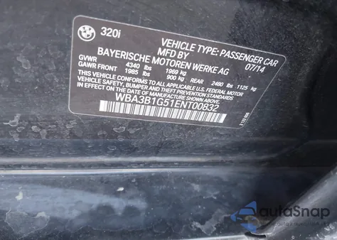 2014 BMW 320I from USA, damaged, VIN WBA3B1G51ENT00832